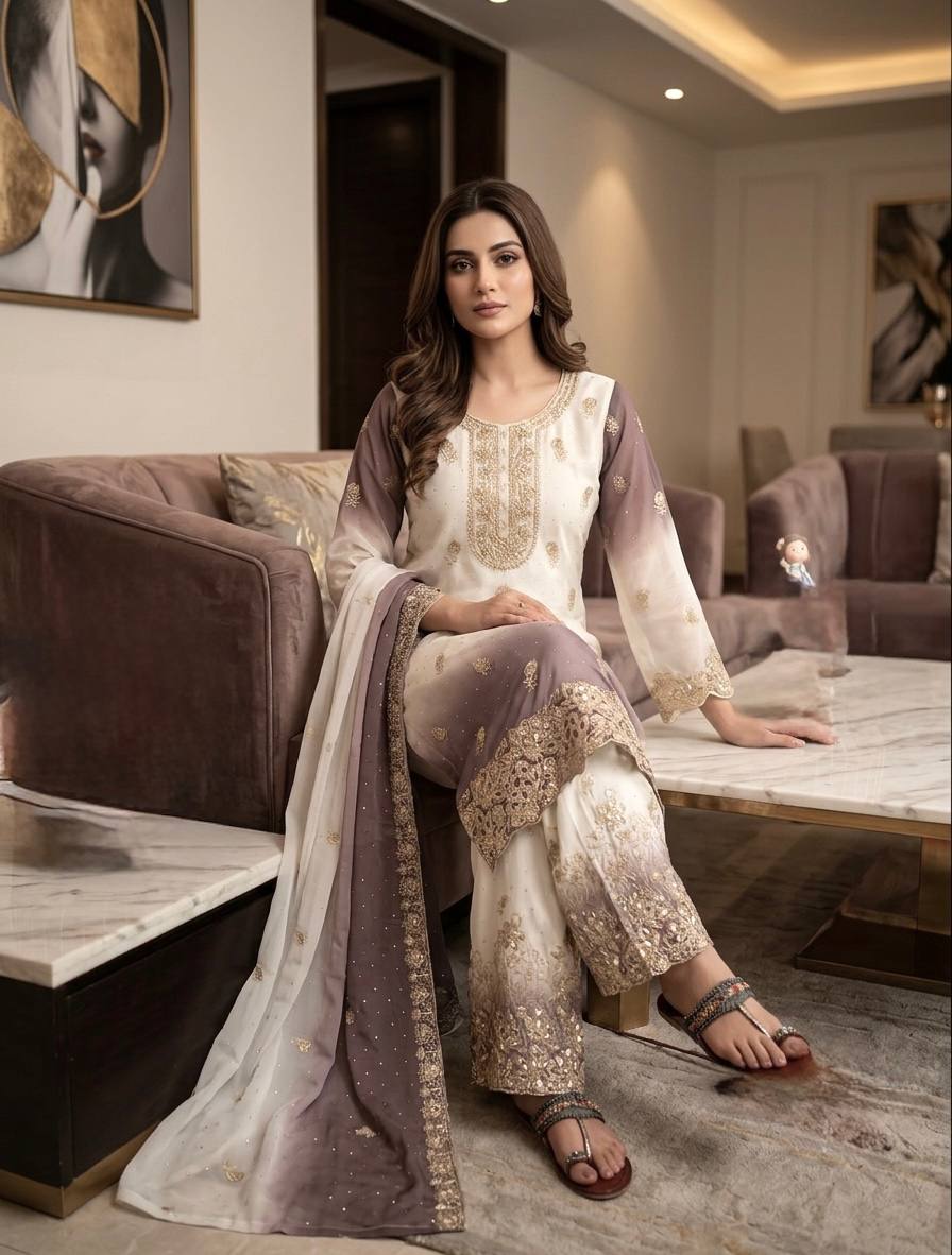 Dual Tone Embroidered Top Palazzo Set