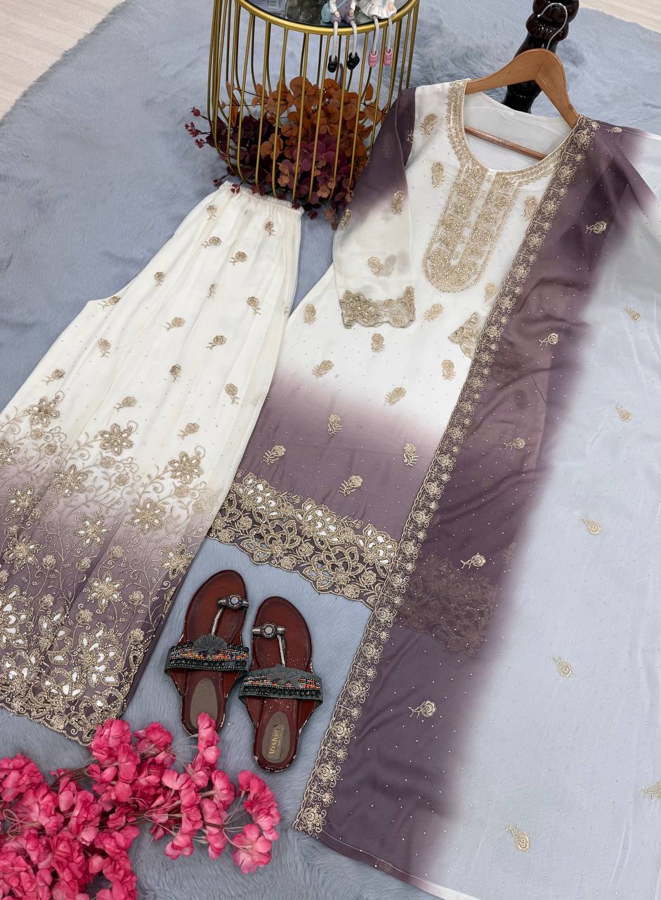 Dual Tone Embroidered Top Palazzo Set
