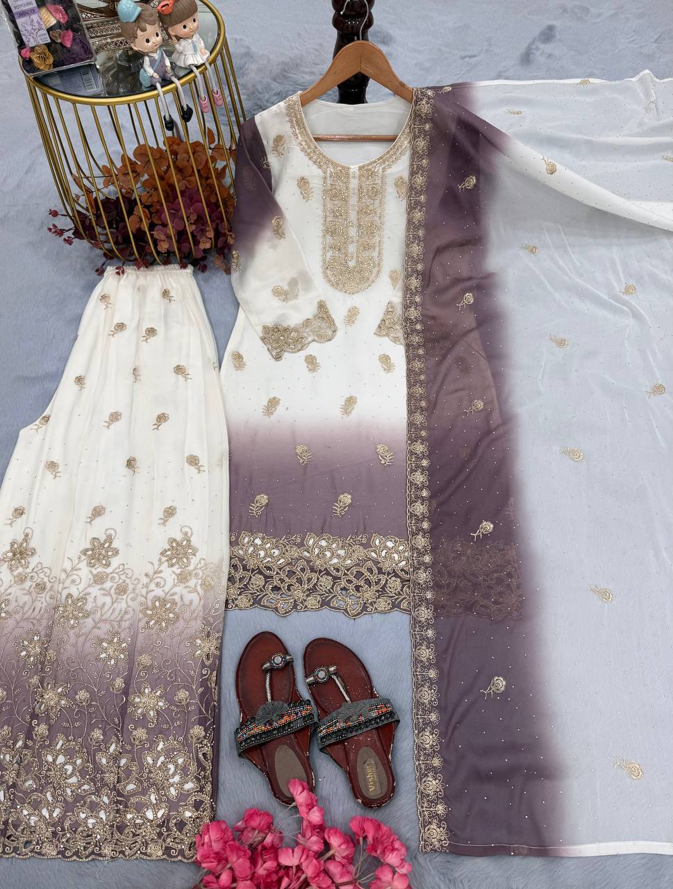 Dual Tone Embroidered Top Palazzo Set