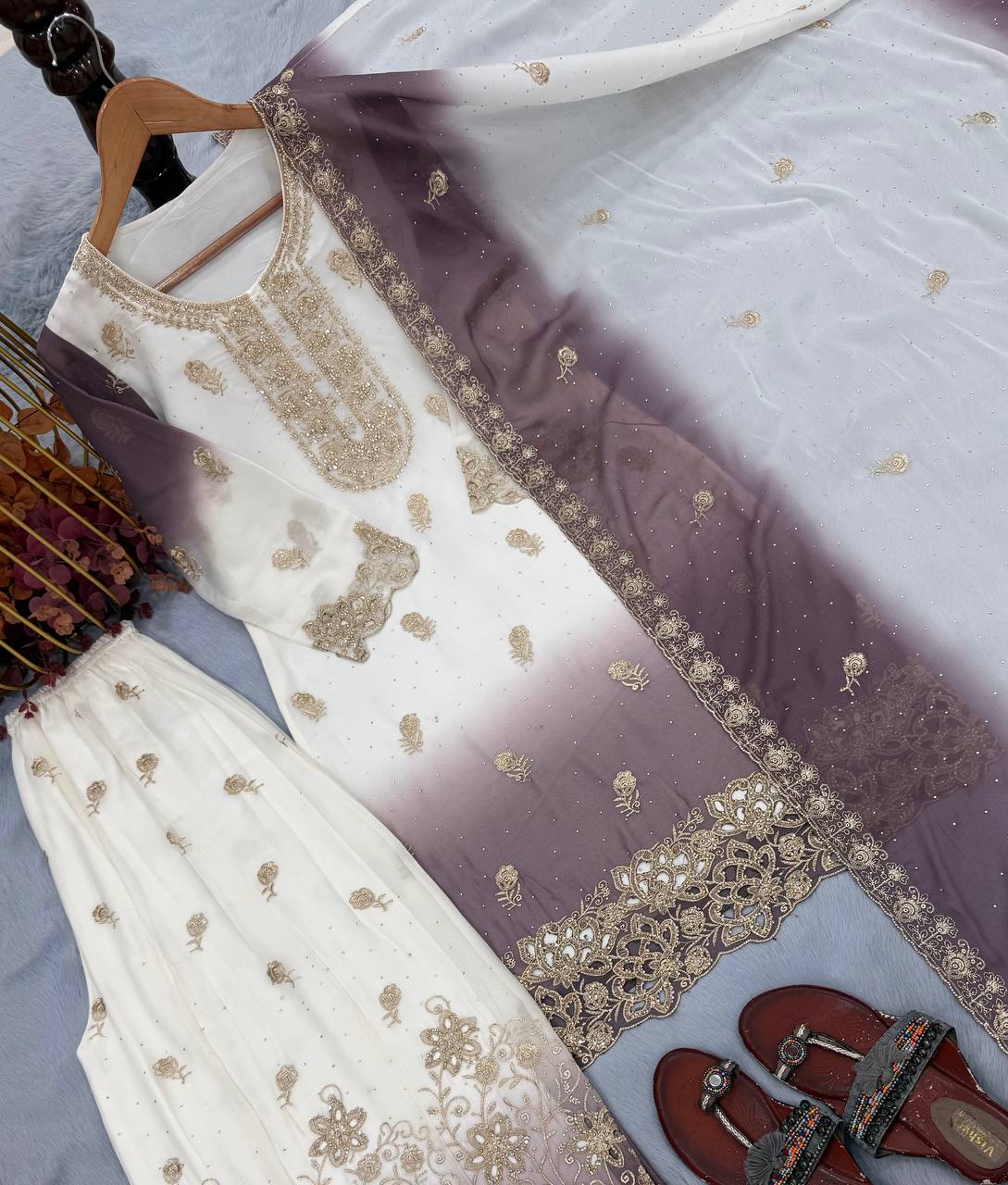 Dual Tone Embroidered Top Palazzo Set