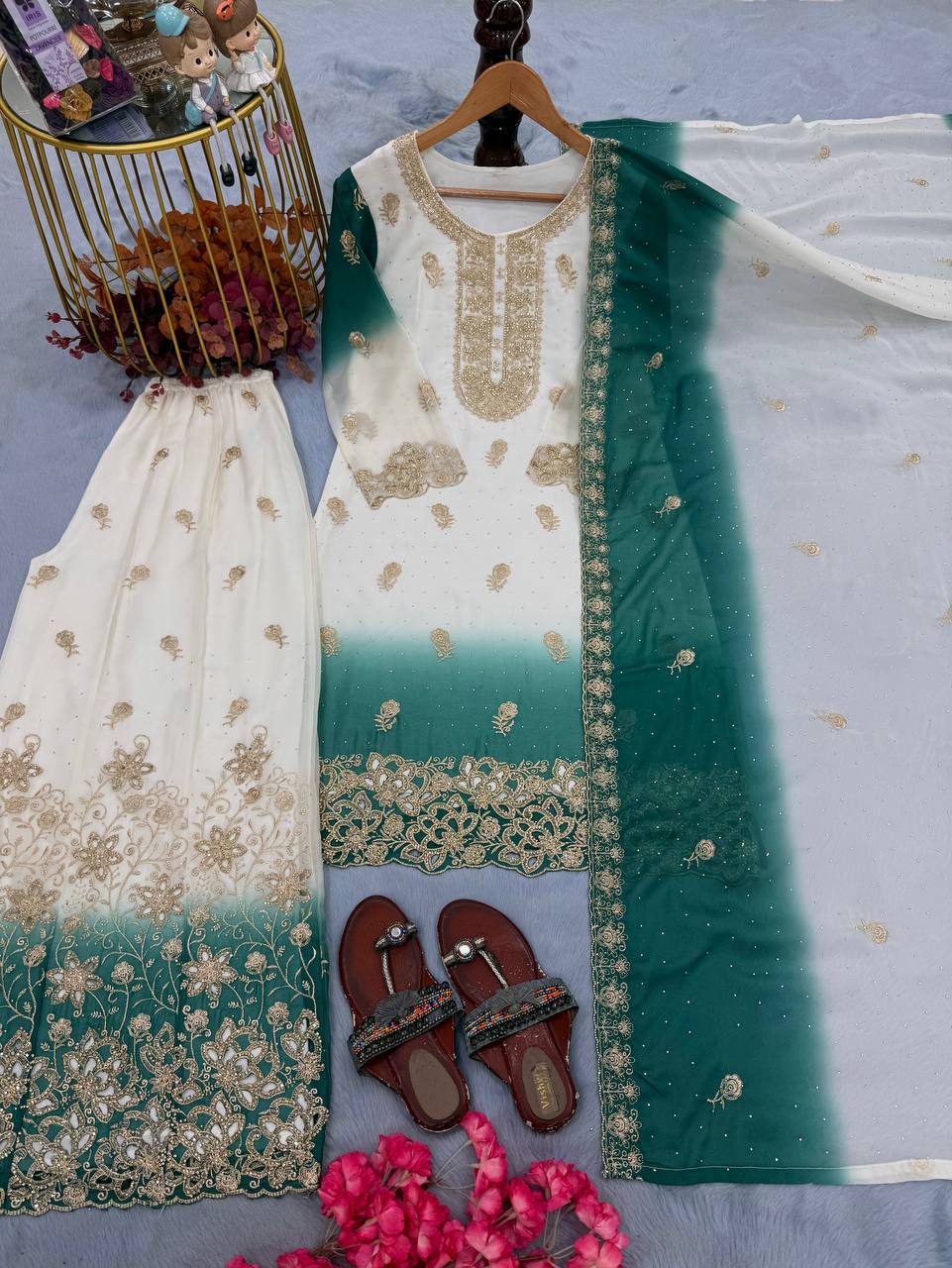 Dual Tone Embroidered Top Palazzo Set