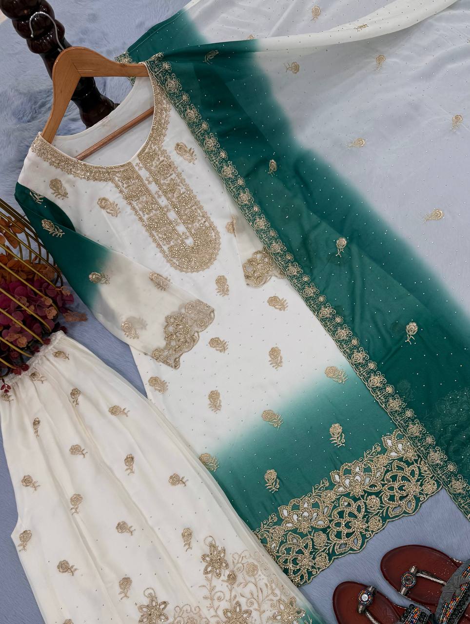 Dual Tone Embroidered Top Palazzo Set
