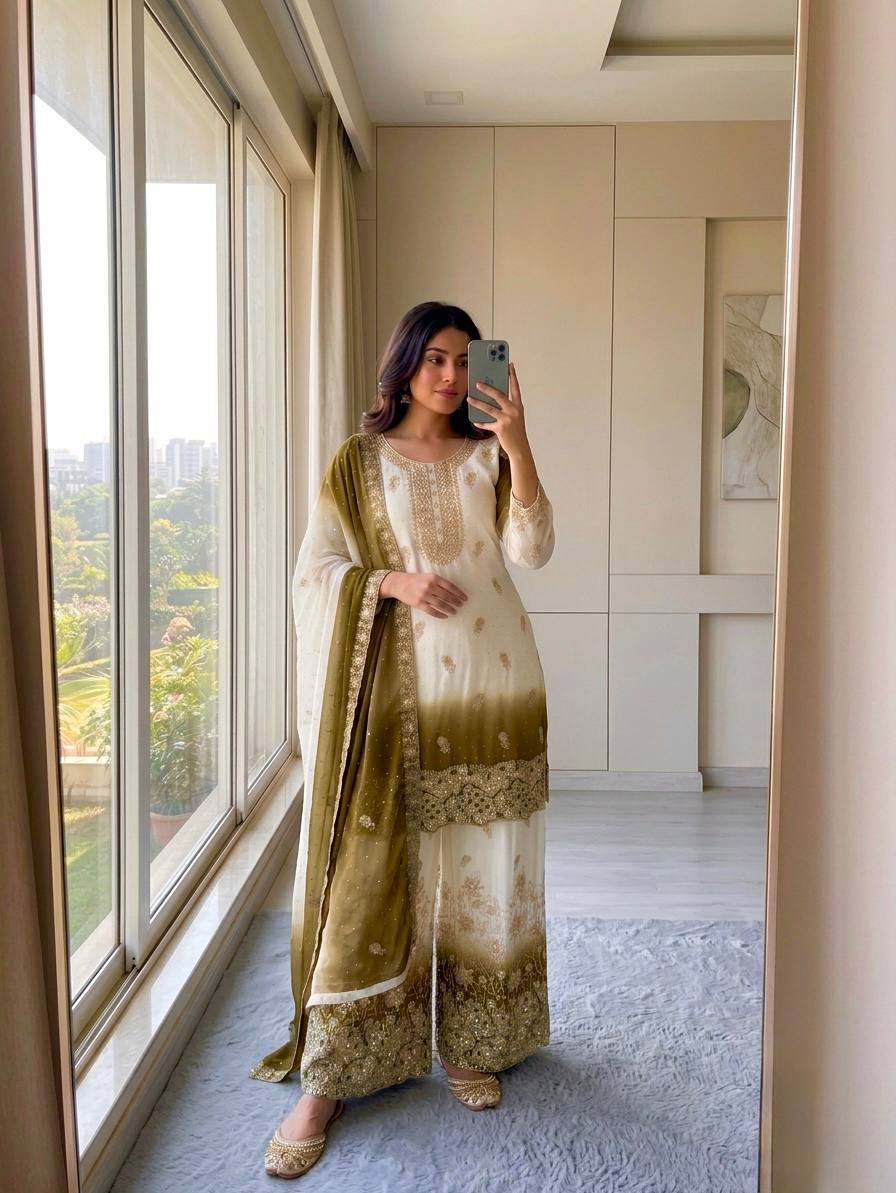 Dual Tone Embroidered Top Palazzo Set