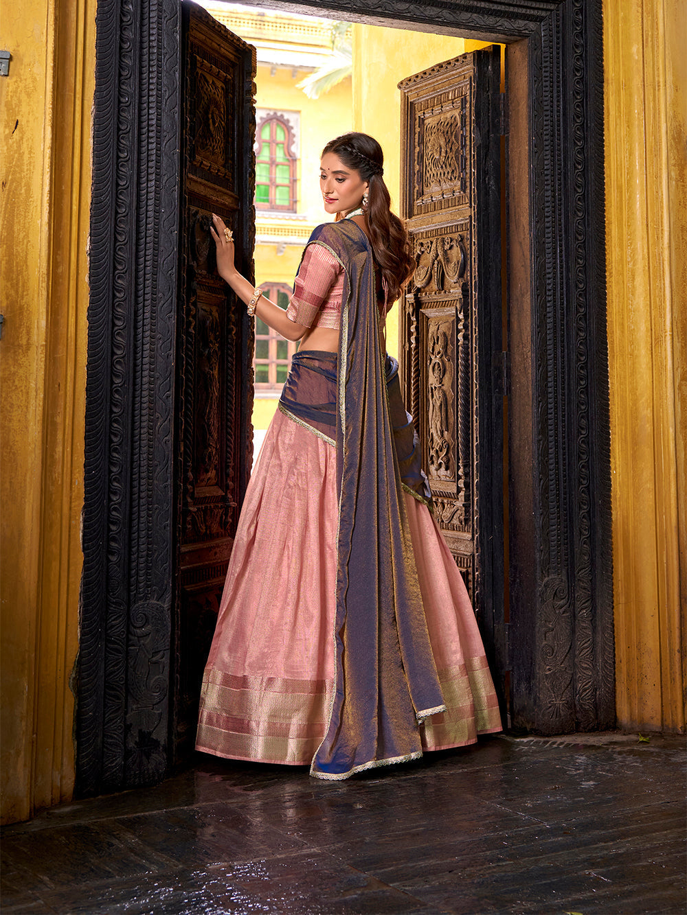 Light pink dupion silk lehenga choli with zari weaving border shimmer dupatta