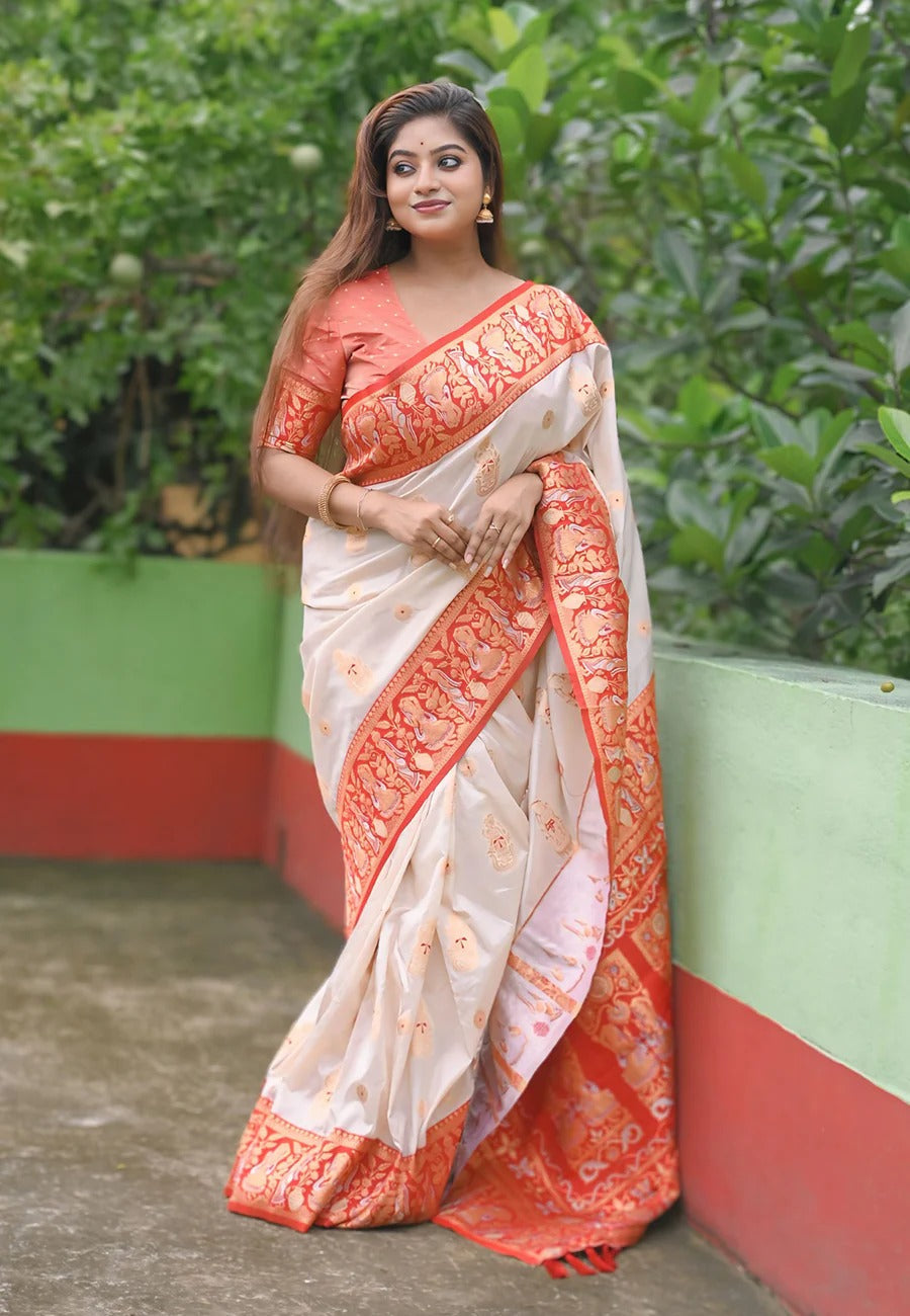 Traditional white red baluchari soft silk saree for durga puja