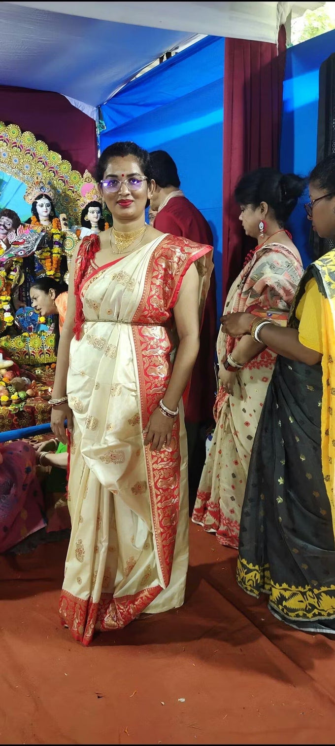Traditional white red baluchari soft silk saree for durga puja