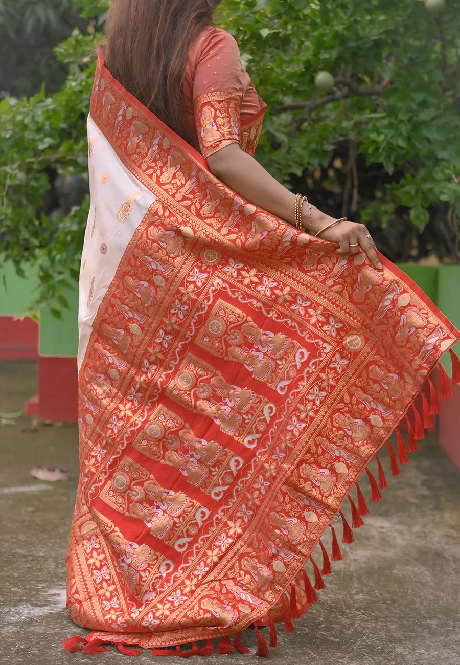 Traditional white red baluchari soft silk saree for durga puja