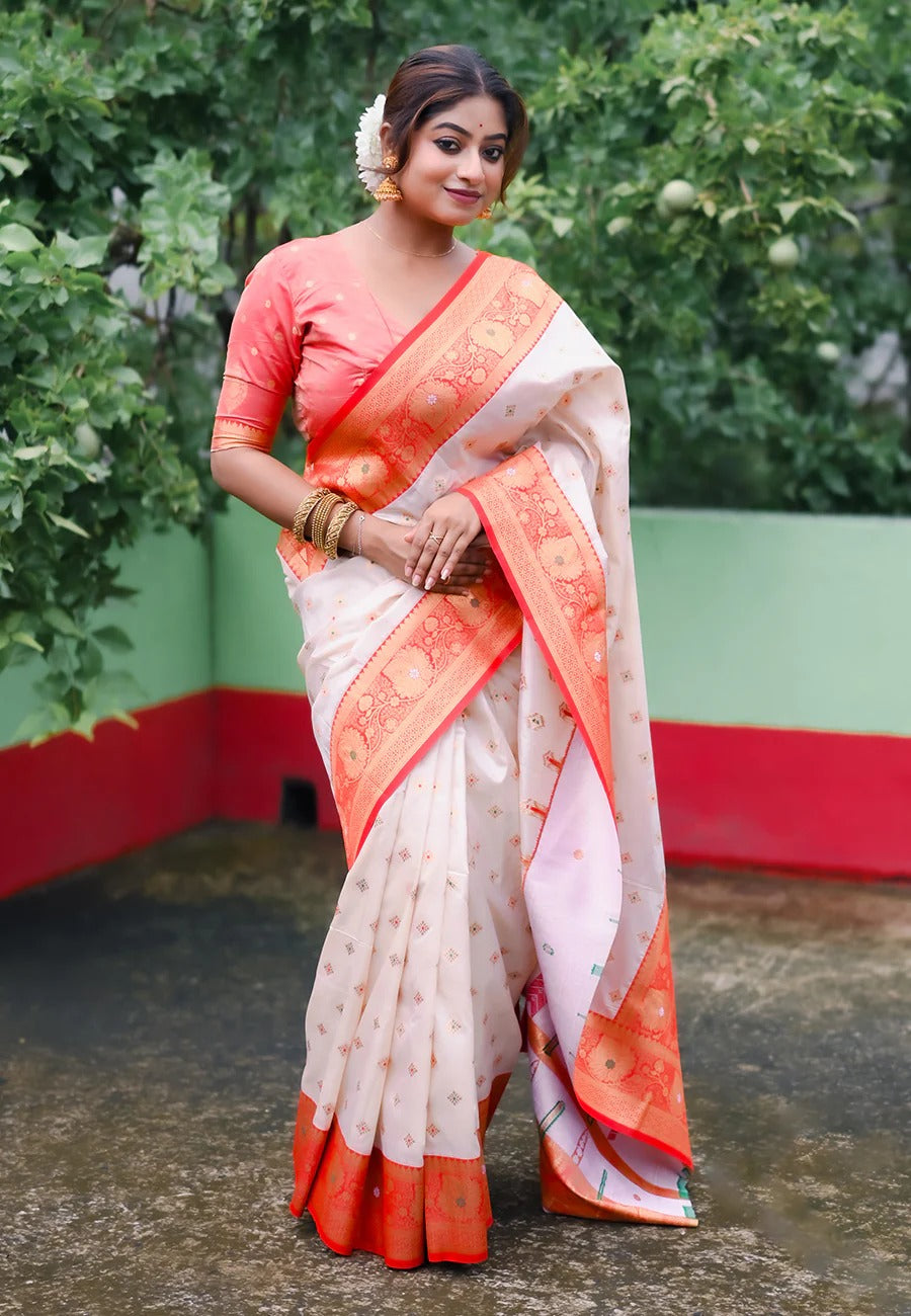 Bengali white red soft silk saree with meenakari butti for durga puja