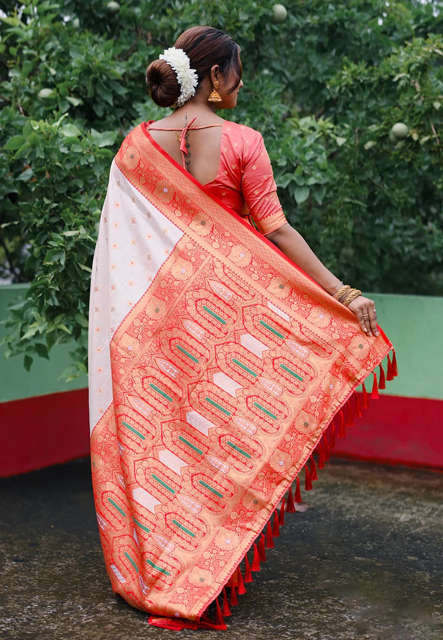 Bengali white red soft silk saree with meenakari butti for durga puja