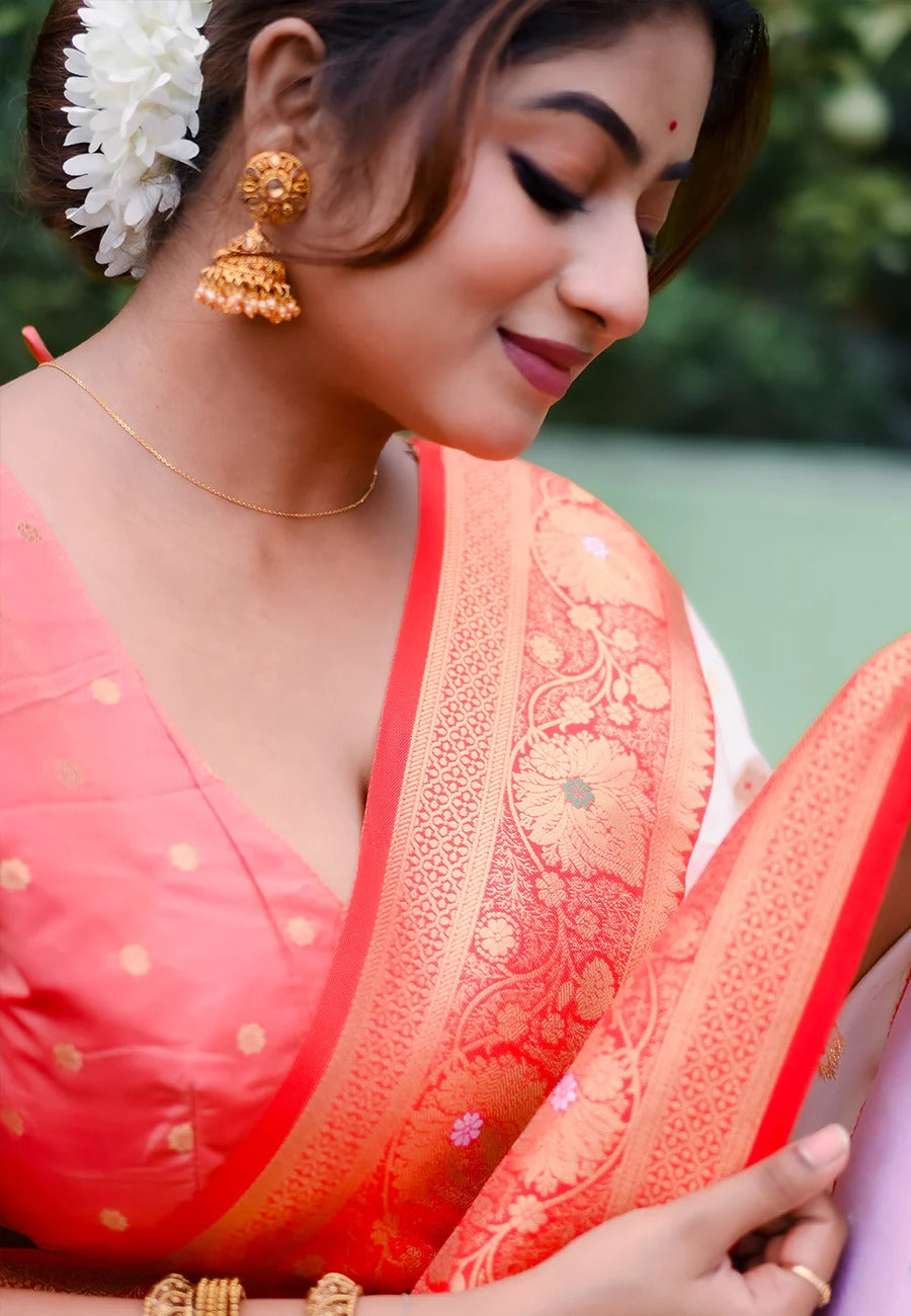 Bengali white red soft silk saree with meenakari butti for durga puja