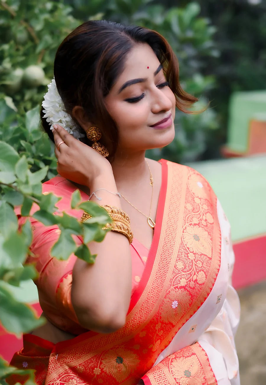 Bengali white red soft silk saree with meenakari butti for durga puja