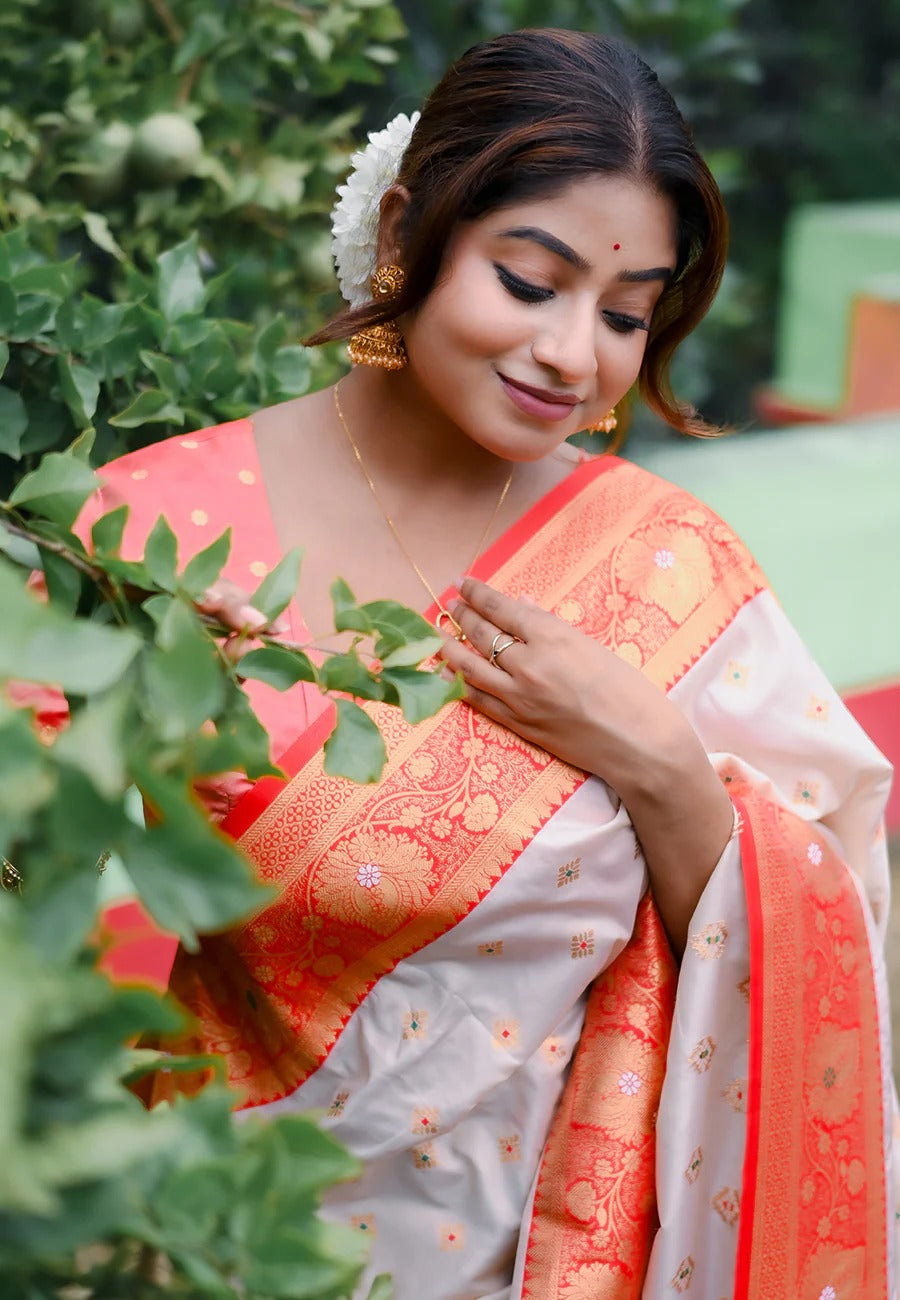 Bengali white red soft silk saree with meenakari butti for durga puja