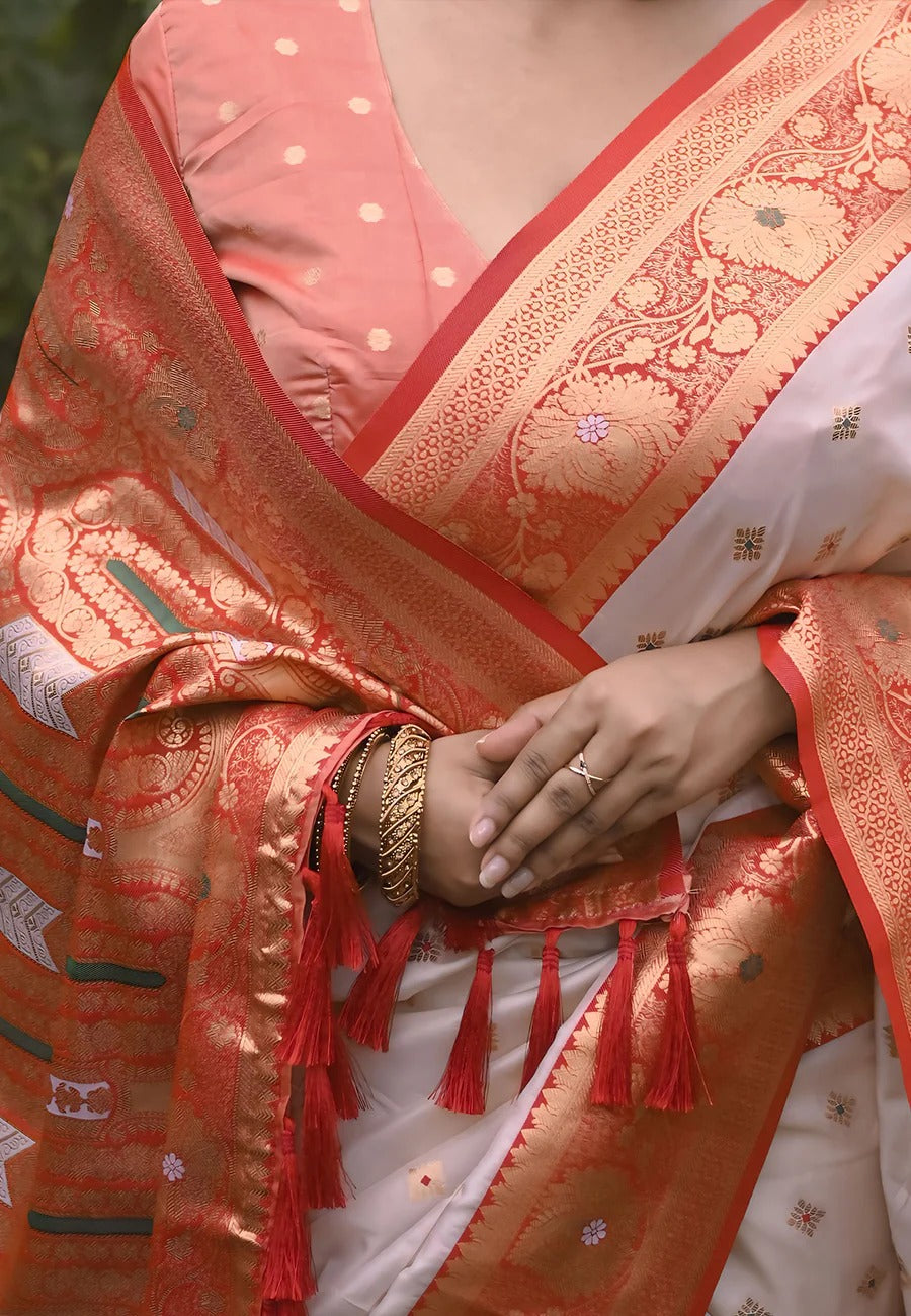 Bengali white red soft silk saree with meenakari butti for durga puja