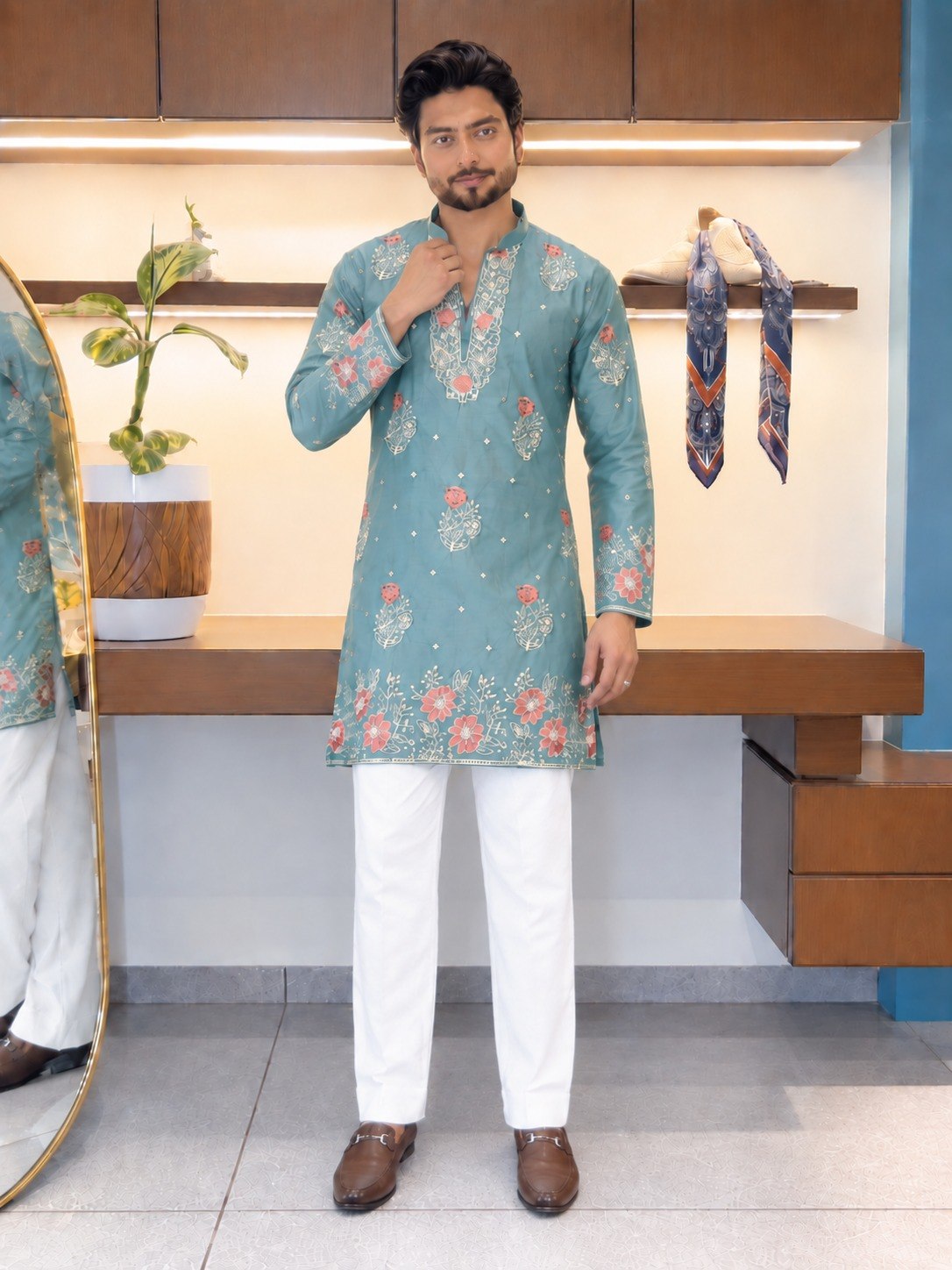 Dusty Blue Coach Silk Kurta Pant Set