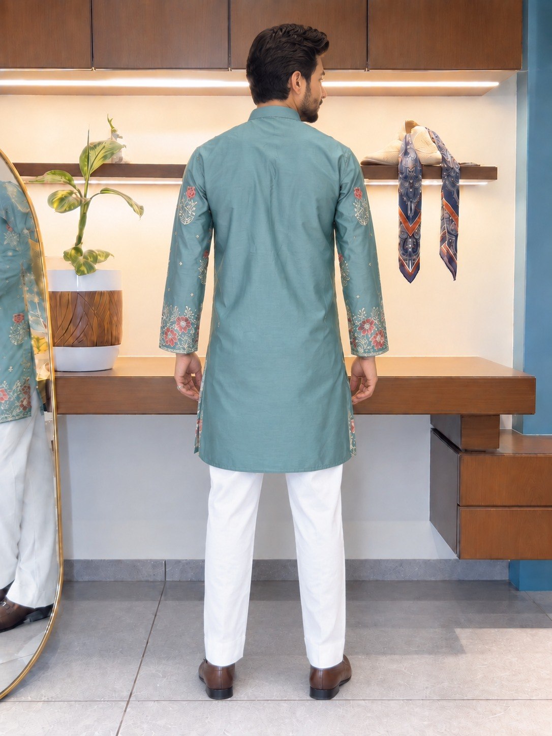 Dusty Blue Coach Silk Kurta Pant Set
