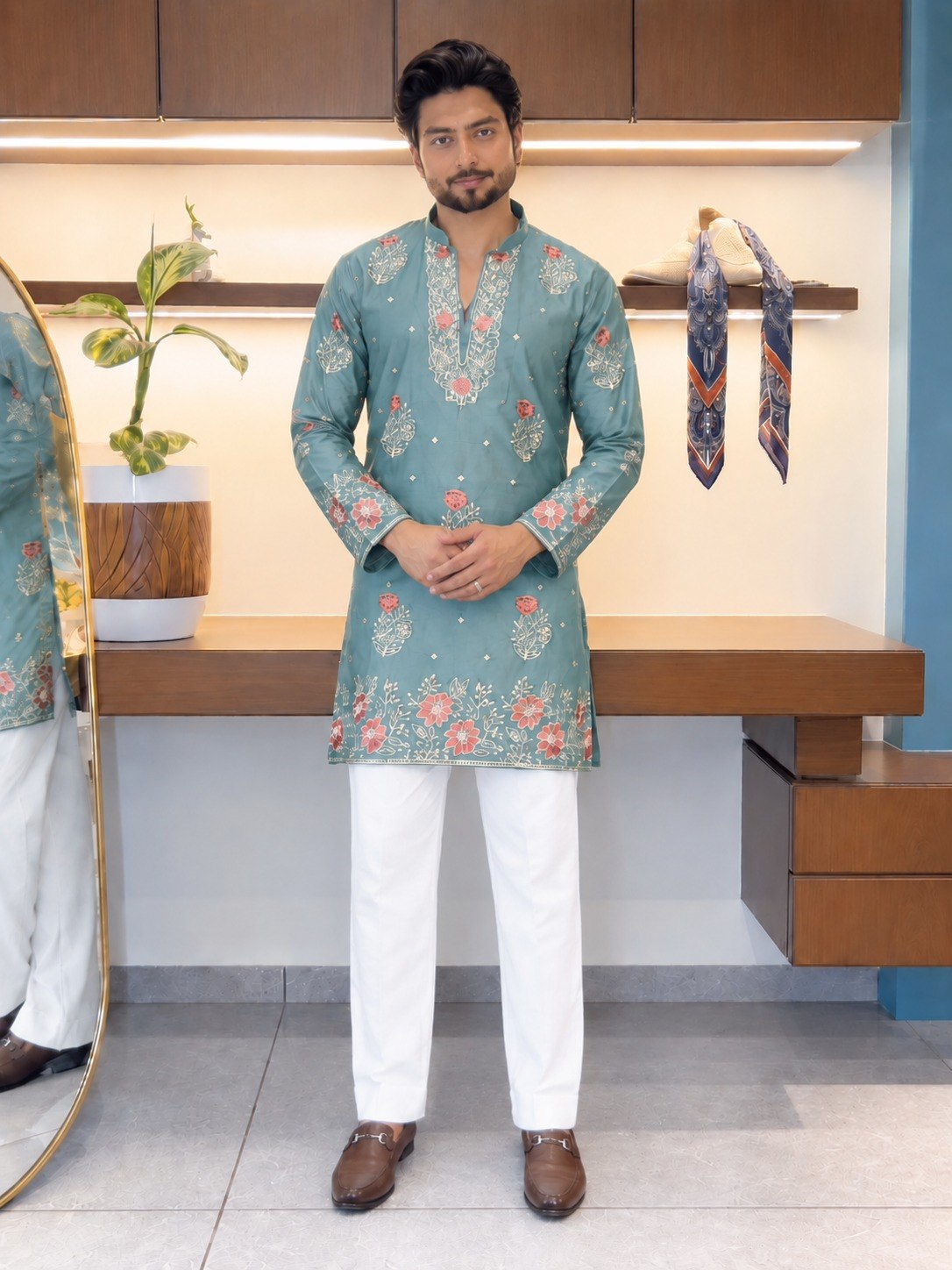 Dusty Blue Coach Silk Kurta Pant Set