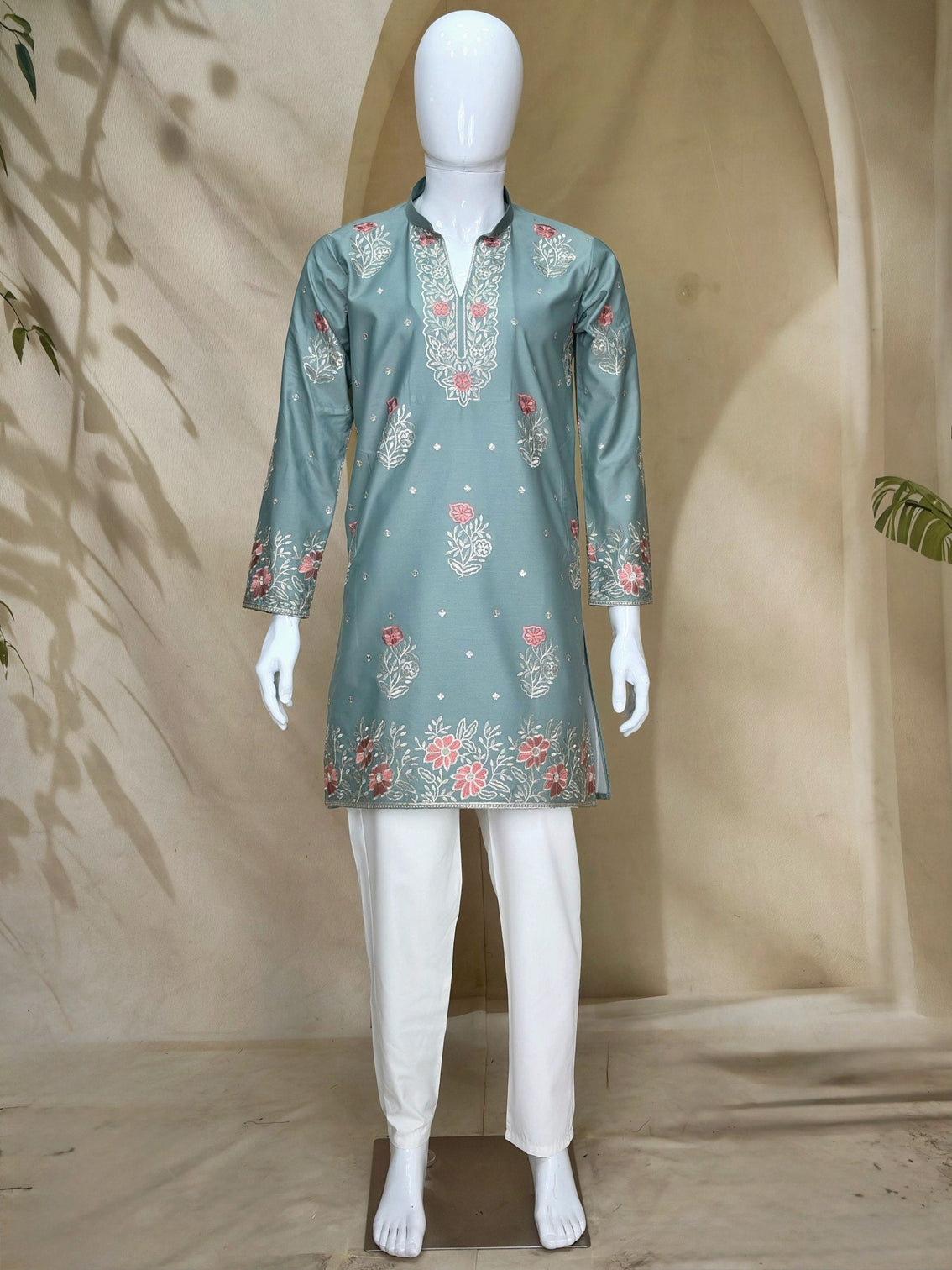 Dusty Blue Coach Silk Kurta Pant Set