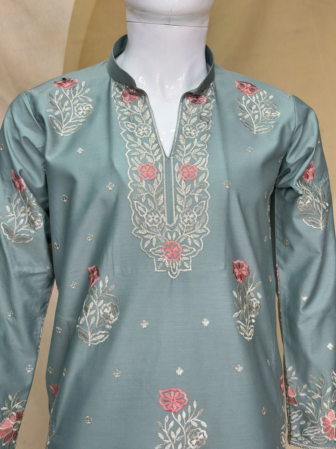 Dusty Blue Coach Silk Kurta Pant Set
