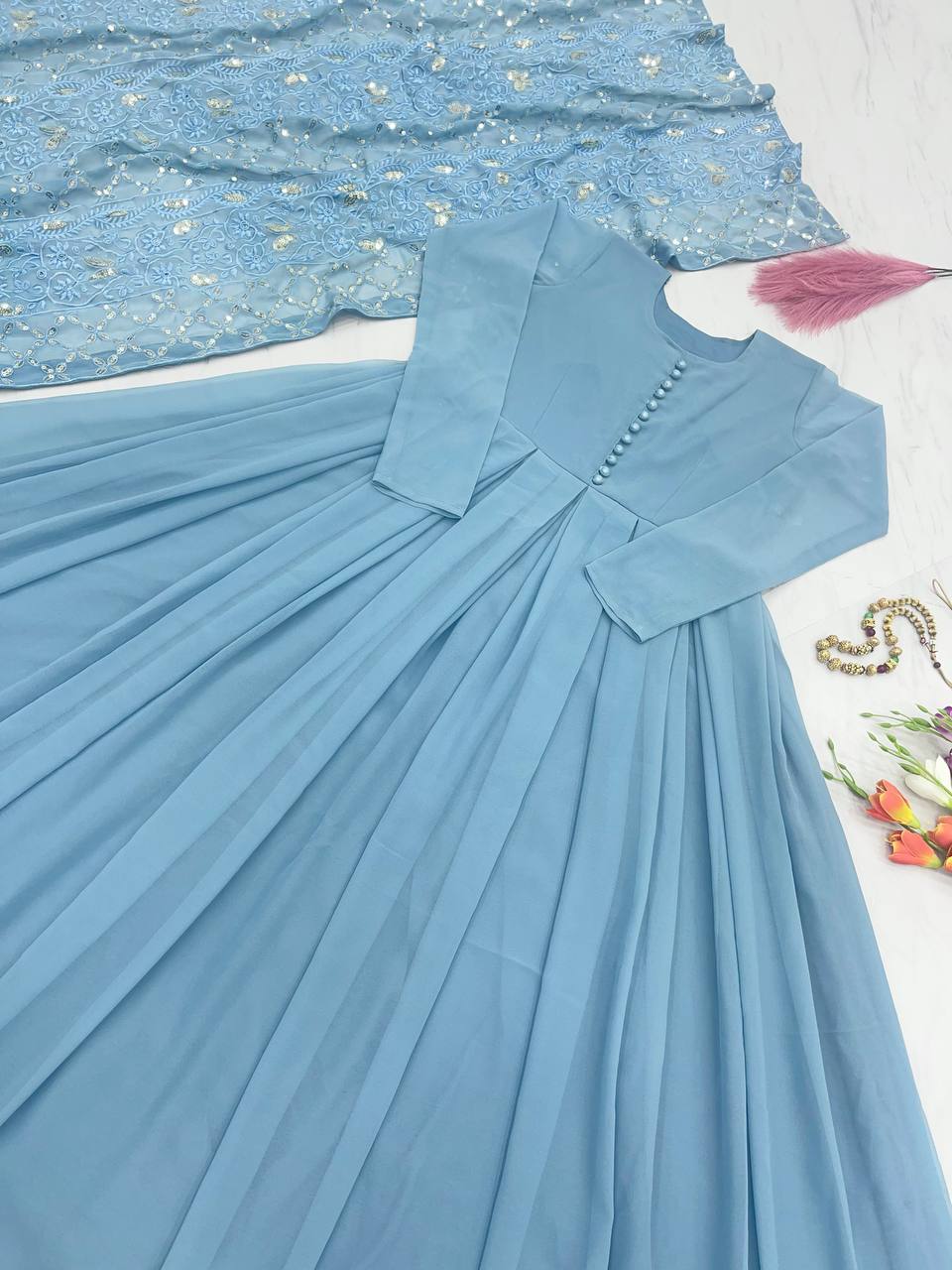 Dusty Blue Elegant Designer Party Wear Gown & Dupatta Set