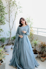 Dusty Blue Elegant Designer Party Wear Gown & Dupatta Set