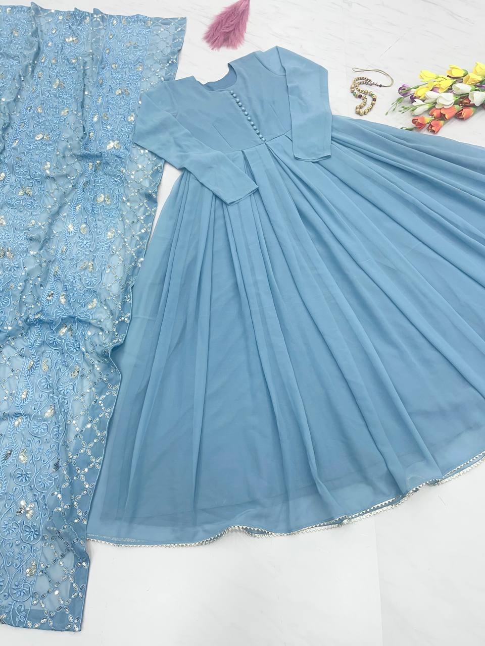 Dusty Blue Elegant Designer Party Wear Gown & Dupatta Set