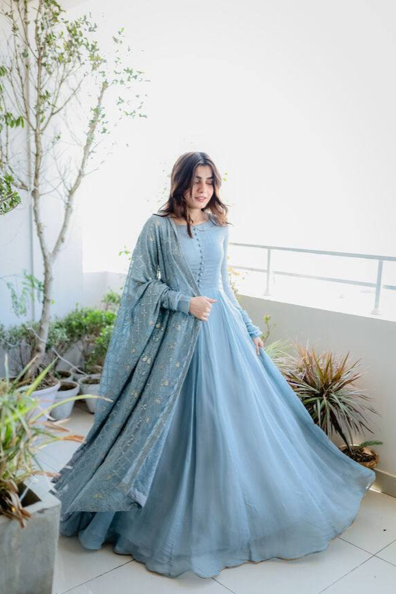 Dusty Blue Elegant Designer Party Wear Gown & Dupatta Set