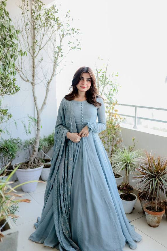 Dusty Blue Elegant Designer Party Wear Gown & Dupatta Set