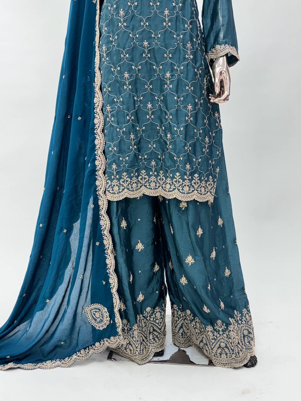 Dusty Blue Elegant Embroidered Chinon Suit Set – Full Stitched