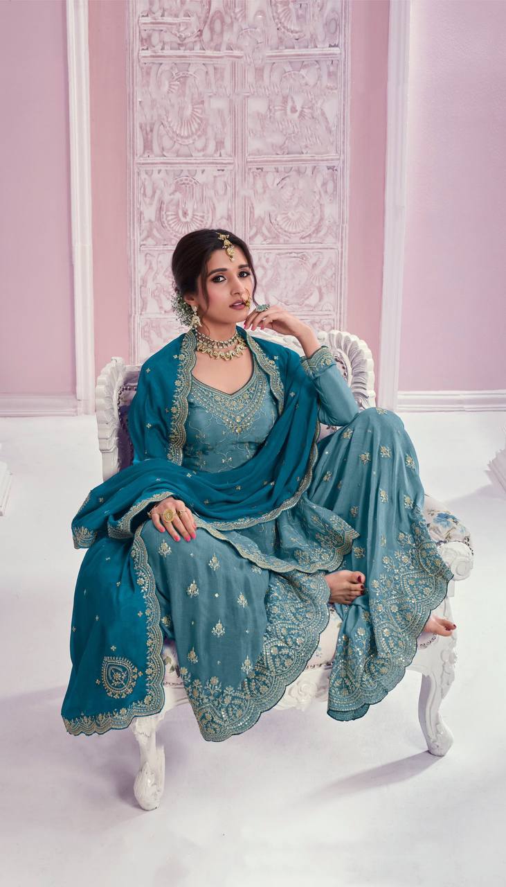Dusty Blue Elegant Embroidered Chinon Suit Set – Full Stitched