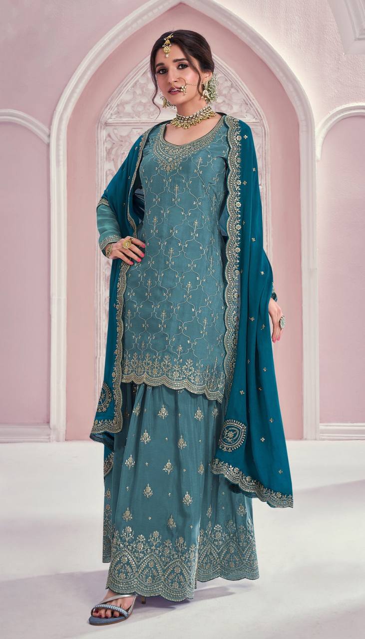 Dusty Blue Elegant Embroidered Chinon Suit Set – Full Stitched