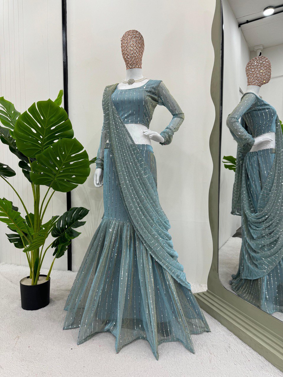 Dusty Blue Elegant Lycra Lehenga Saree with Fancy Choli – Ready to Wear