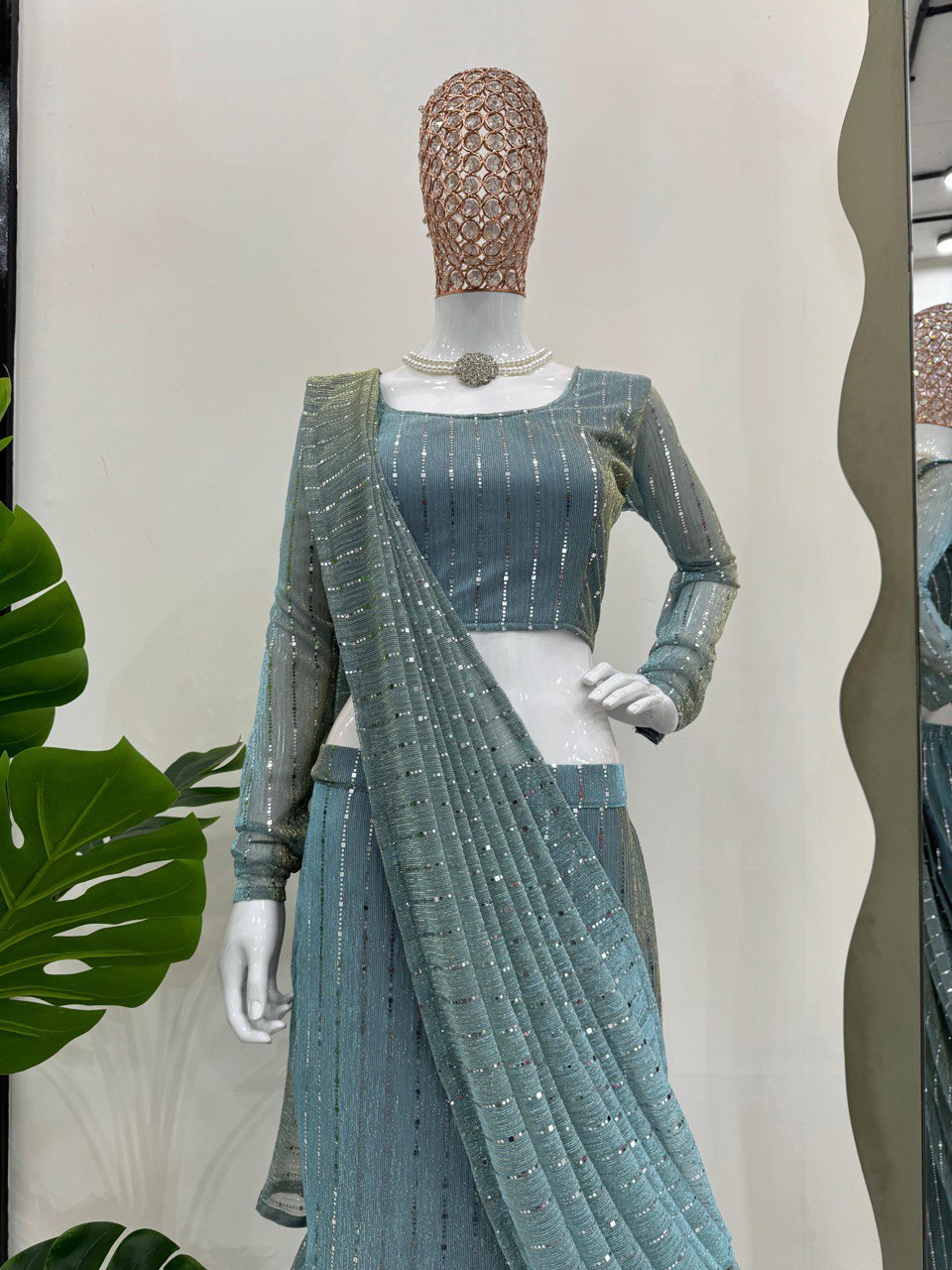 Dusty Blue Elegant Lycra Lehenga Saree with Fancy Choli – Ready to Wear