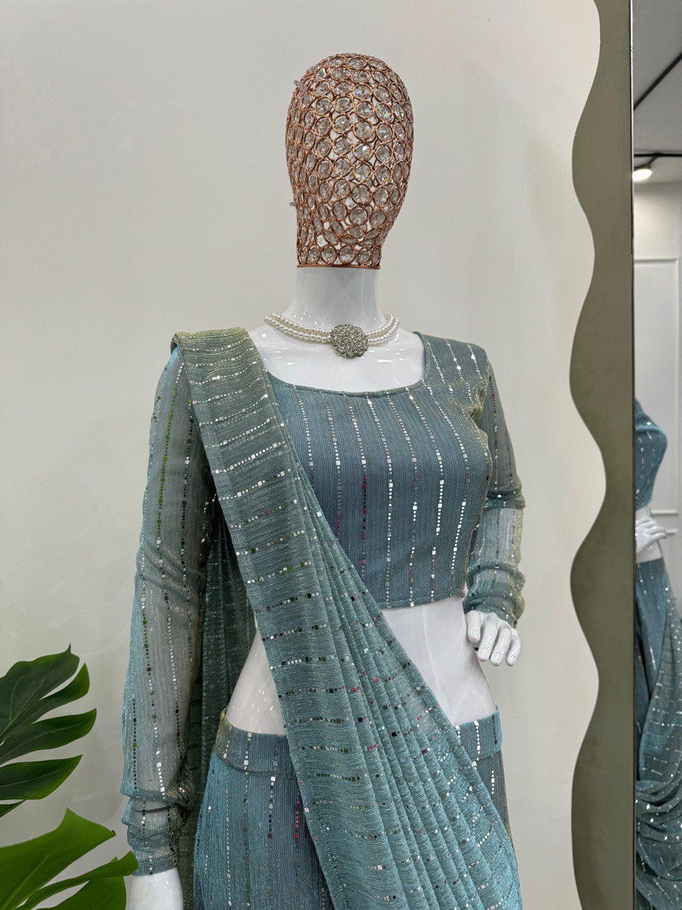 Dusty Blue Elegant Lycra Lehenga Saree with Fancy Choli – Ready to Wear
