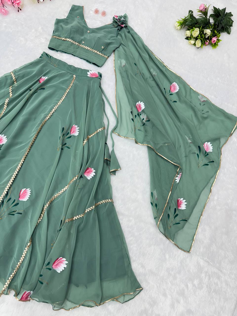 Dusty Blue Hand-Painted Georgette Draped Dupatta Lehenga Set
