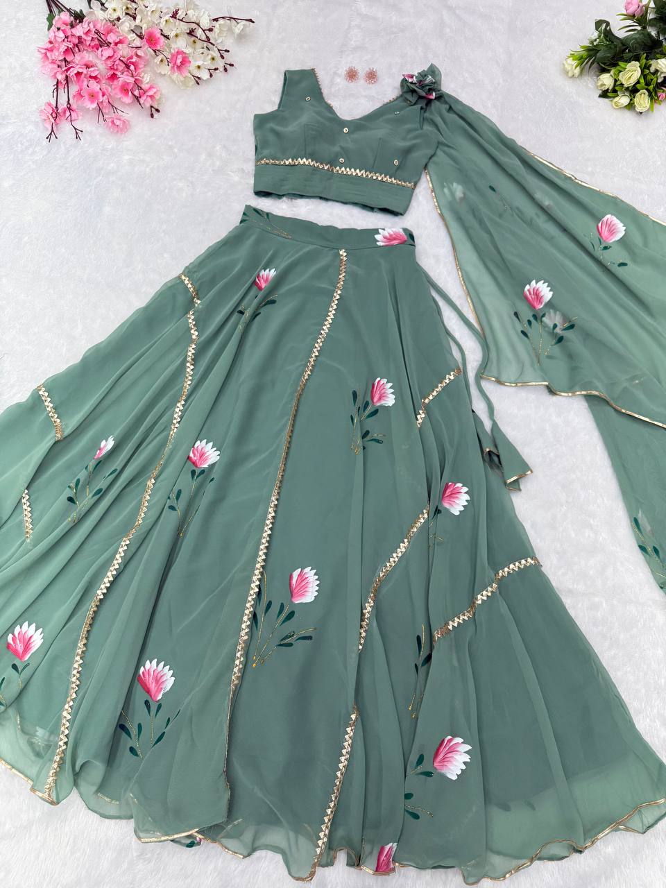 Dusty Blue Hand-Painted Georgette Draped Dupatta Lehenga Set