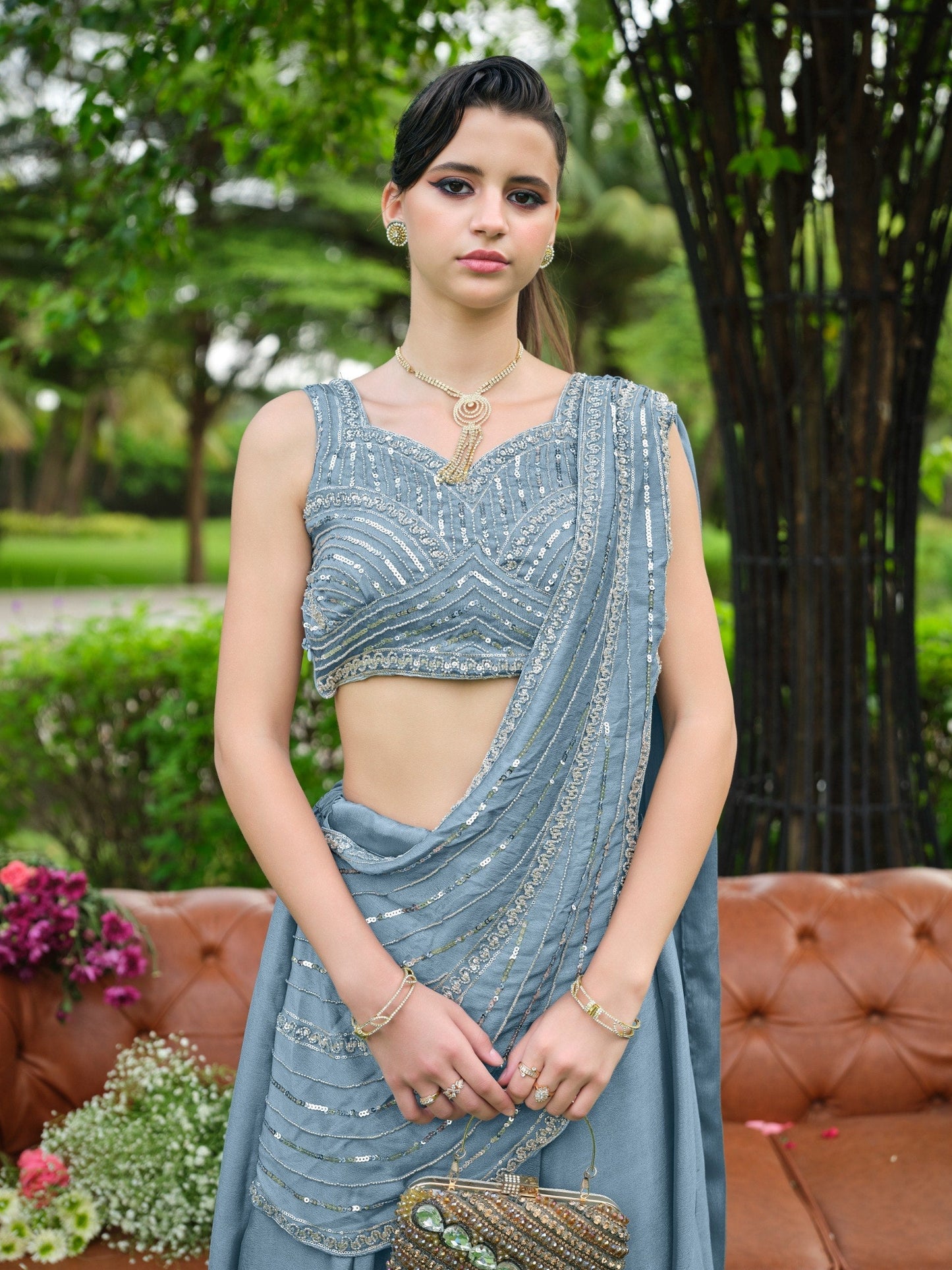 Dusty Blue Plain Lehenga with Attached Dupatta