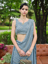 Dusty Blue Plain Lehenga with Attached Dupatta