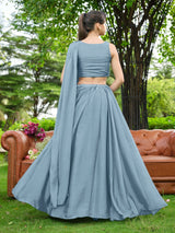 Dusty Blue Plain Lehenga with Attached Dupatta