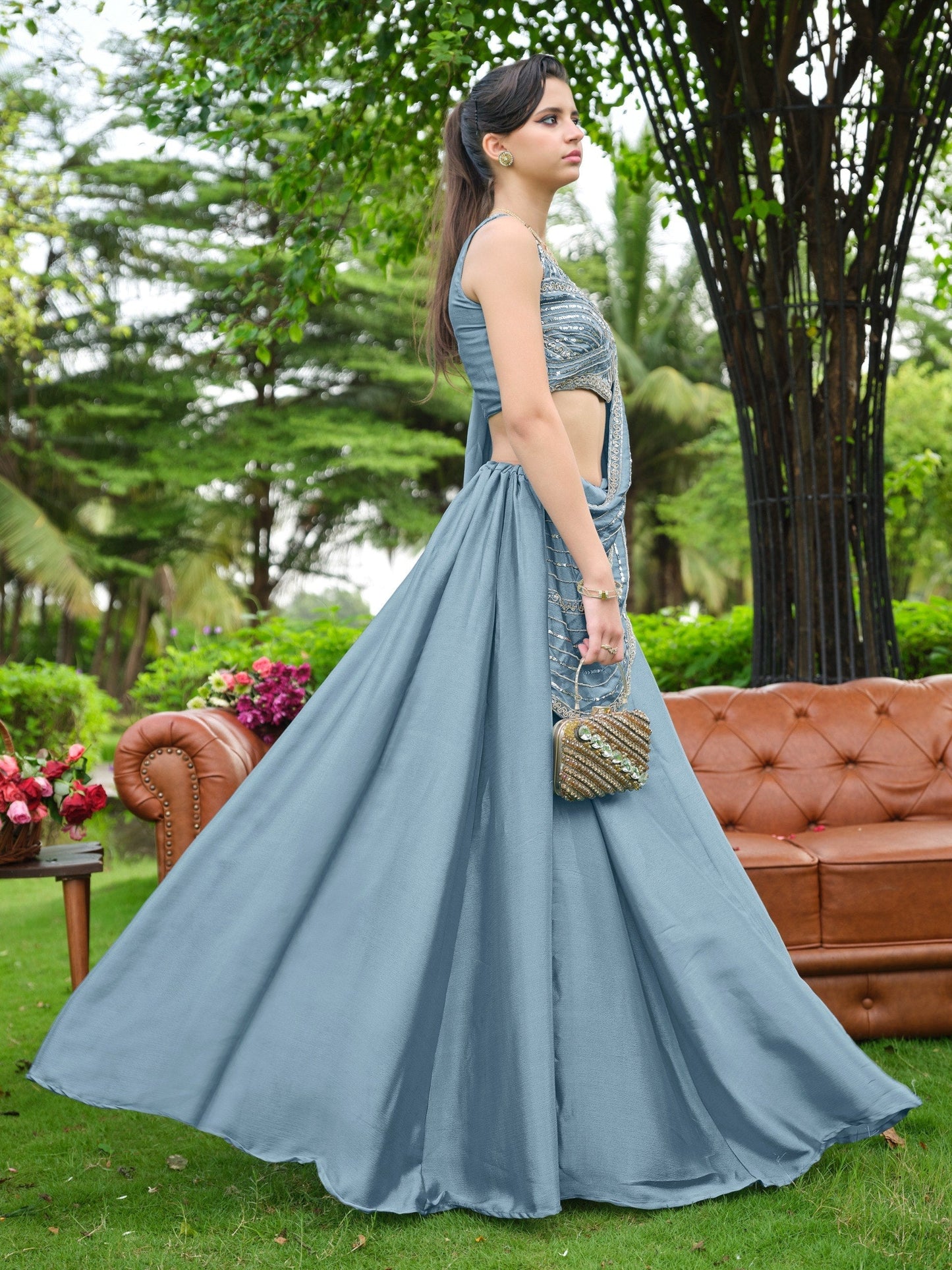 Dusty Blue Plain Lehenga with Attached Dupatta
