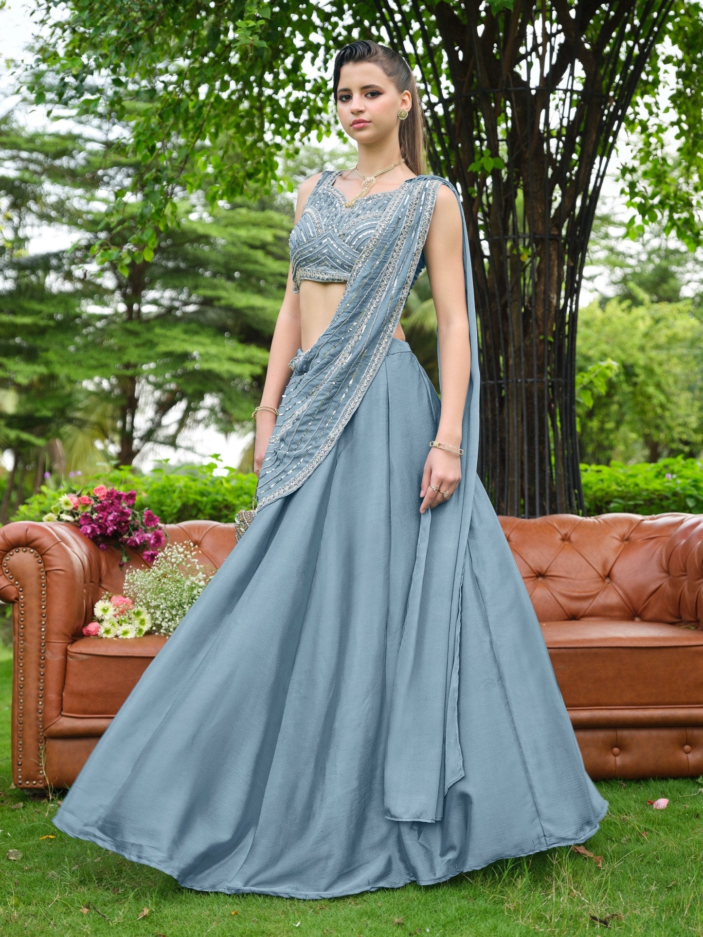 Dusty Blue Plain Lehenga with Attached Dupatta