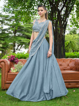 Dusty Blue Plain Lehenga with Attached Dupatta