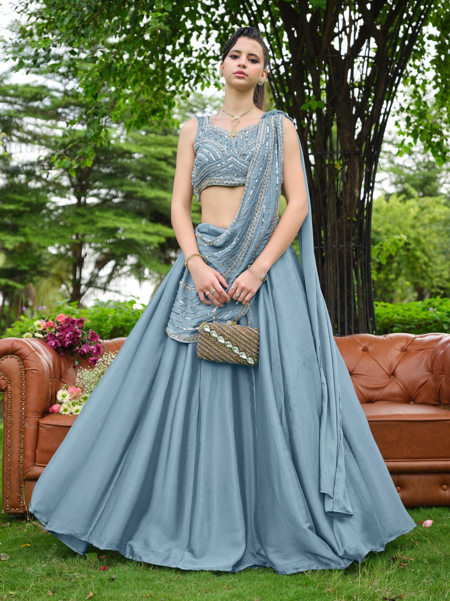 Dusty Blue Plain Lehenga with Attached Dupatta