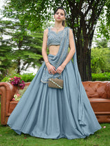 Dusty Blue Plain Lehenga with Attached Dupatta
