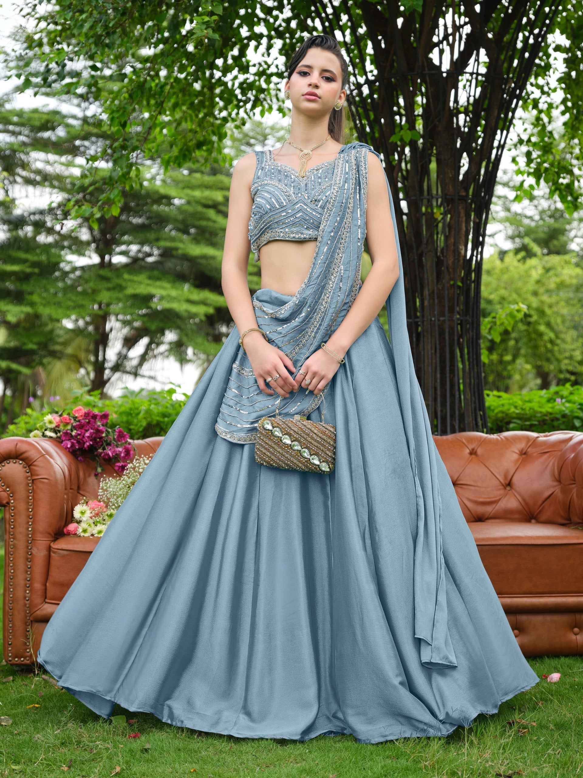 Dusty Blue Plain Lehenga with Attached Dupatta