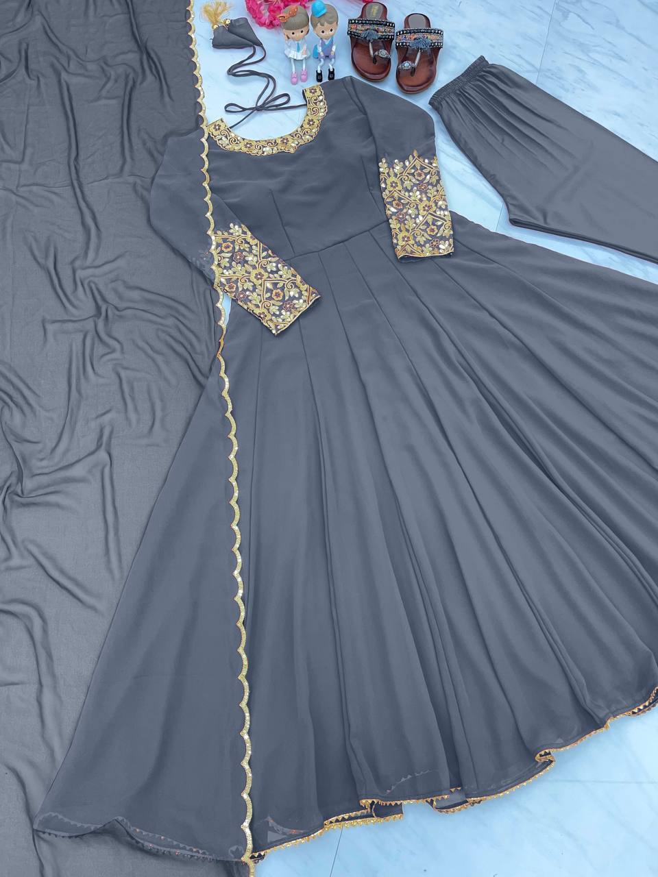 Dusty Blue Premium Designer Party Wear Anarkali Gown, Dupatta & Bottom Set