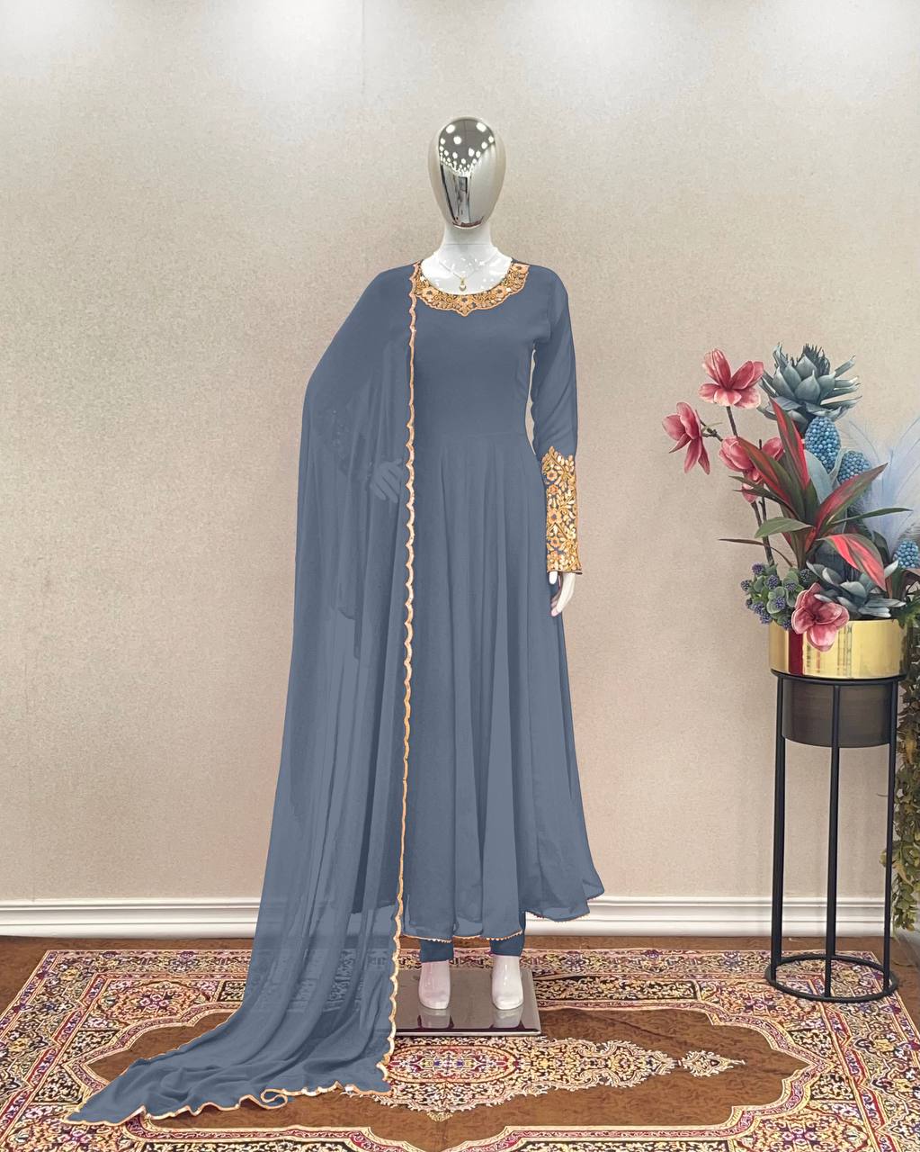 Dusty Blue Premium Designer Party Wear Anarkali Gown, Dupatta & Bottom Set