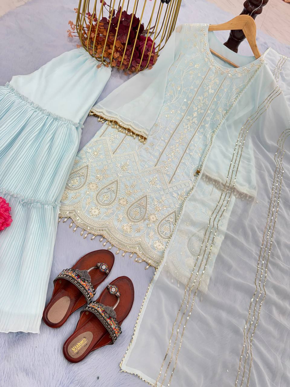 Dusty Blue Premium Designer Party Wear Top, Sarara & Dupatta Set – Elegant Faux Georgette