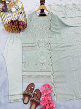 Dusty Blue Premium Designer Readymade Top, Bottom & Dupatta Set – Party Wear Collection