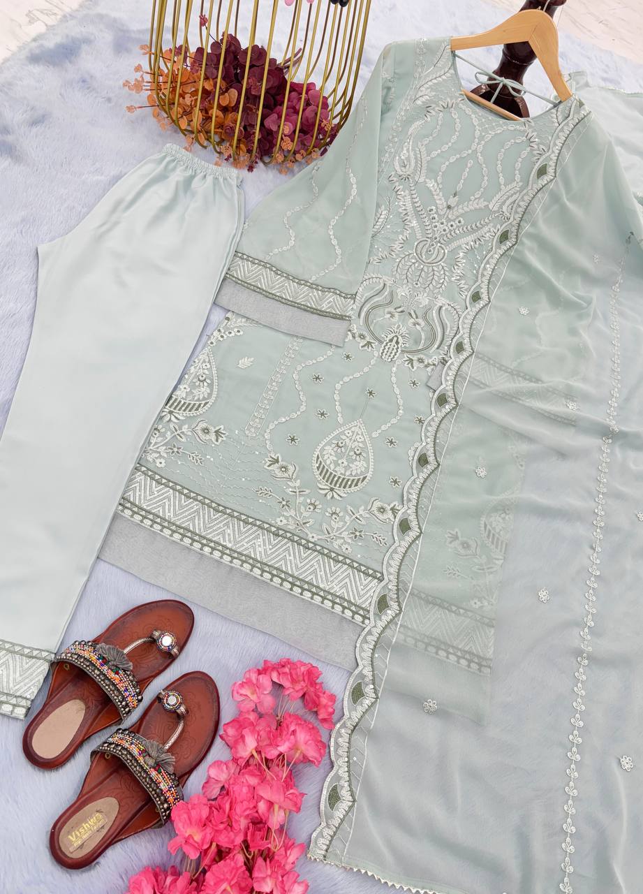 Dusty Blue Premium Designer Readymade Top, Bottom & Dupatta Set – Party Wear Collection
