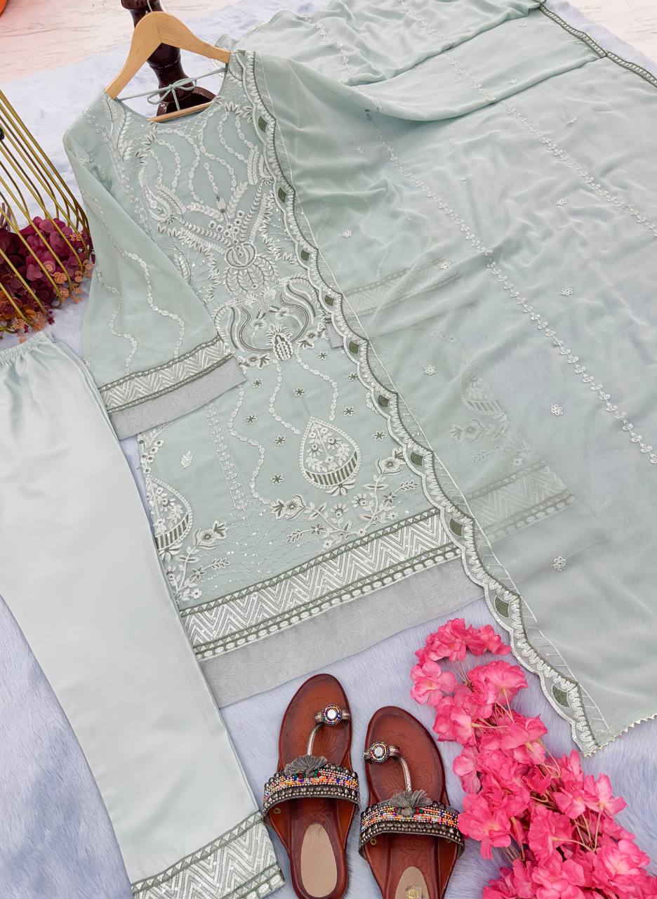 Dusty Blue Premium Designer Readymade Top, Bottom & Dupatta Set – Party Wear Collection